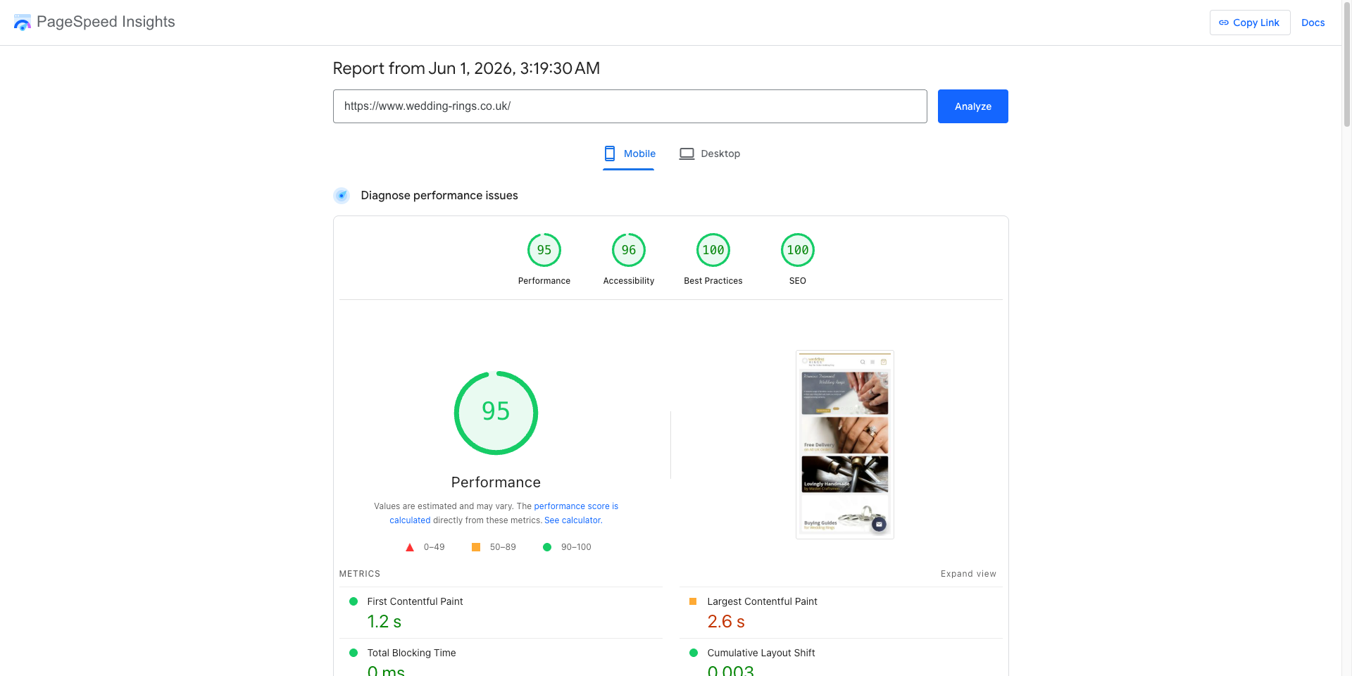 wedding-rings.co.uk after Hyvä — homepage Lighthouse scores