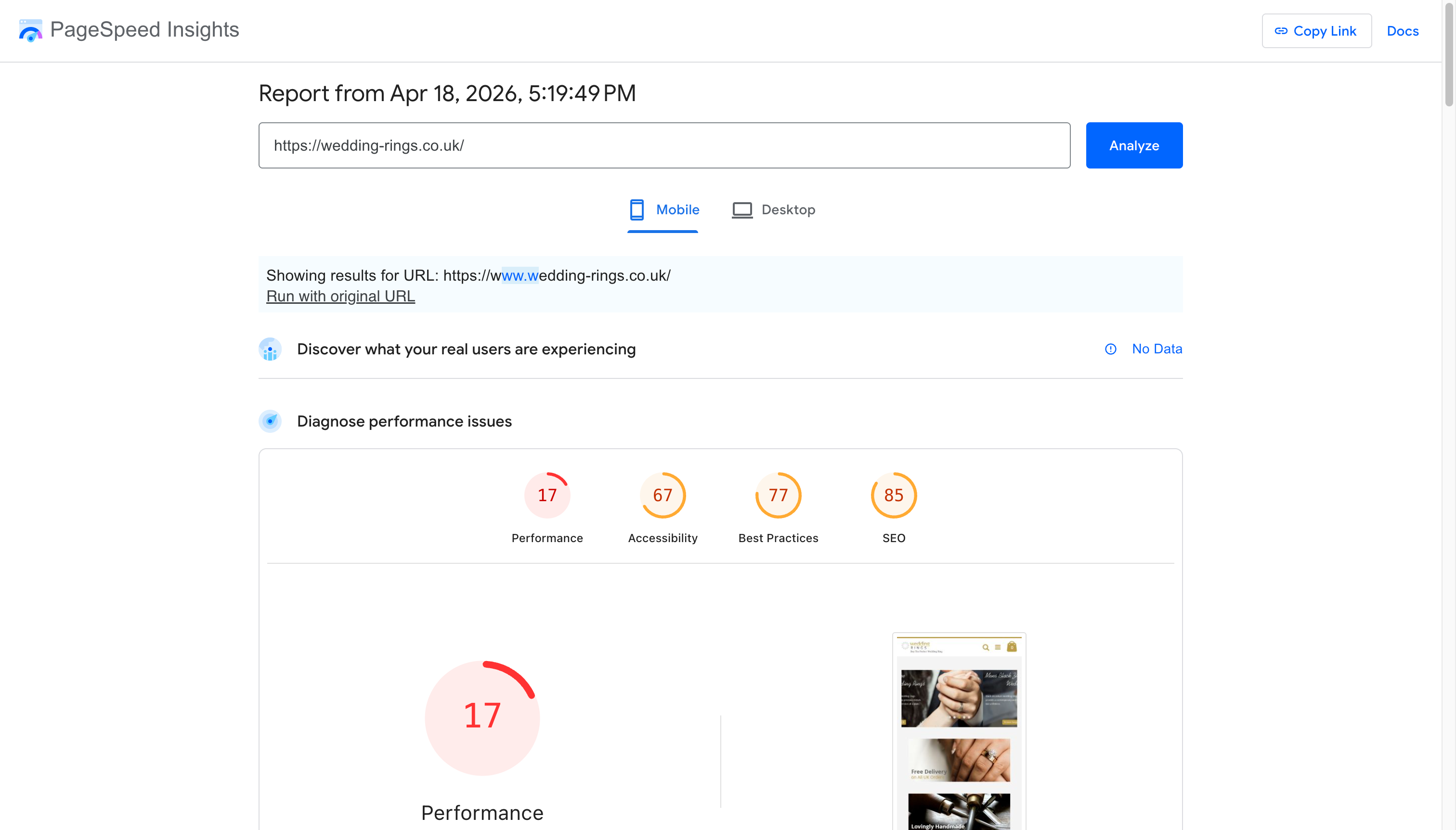 wedding-rings.co.uk before Hyvä — homepage Lighthouse scores